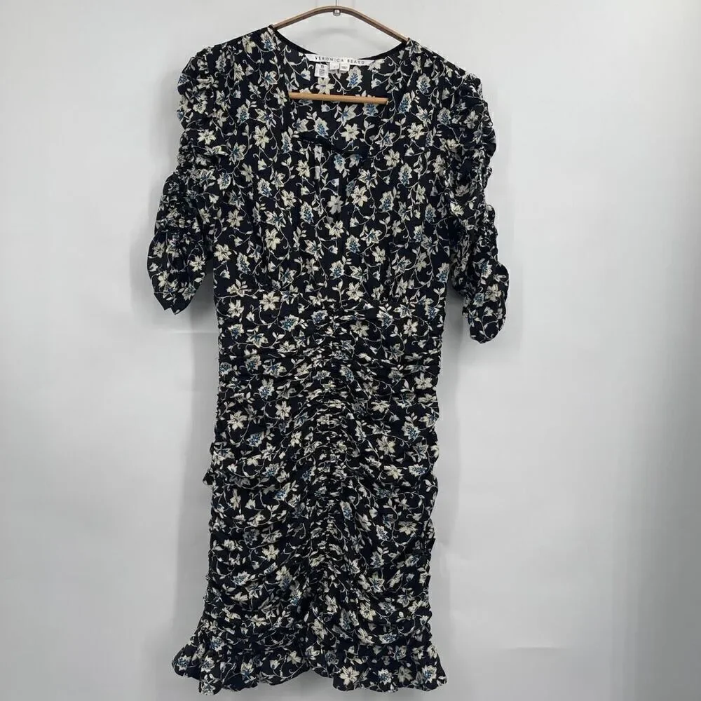 Veronica Beard Josephine Ruched Ruffle Stretch Silk Dress Sz 2